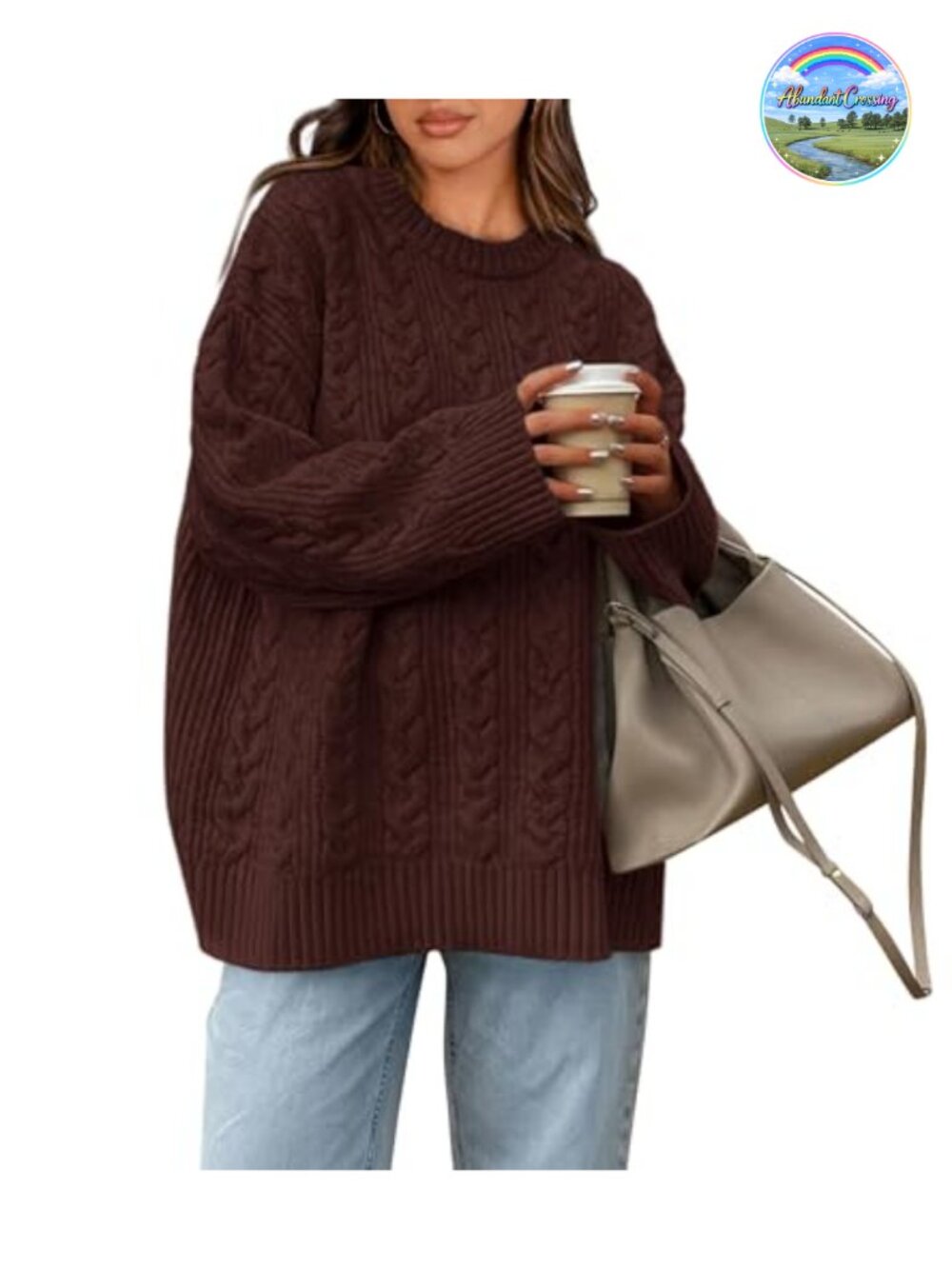 Oversized Cable Knit Pullover Sweater Crewneck Long Sleeve